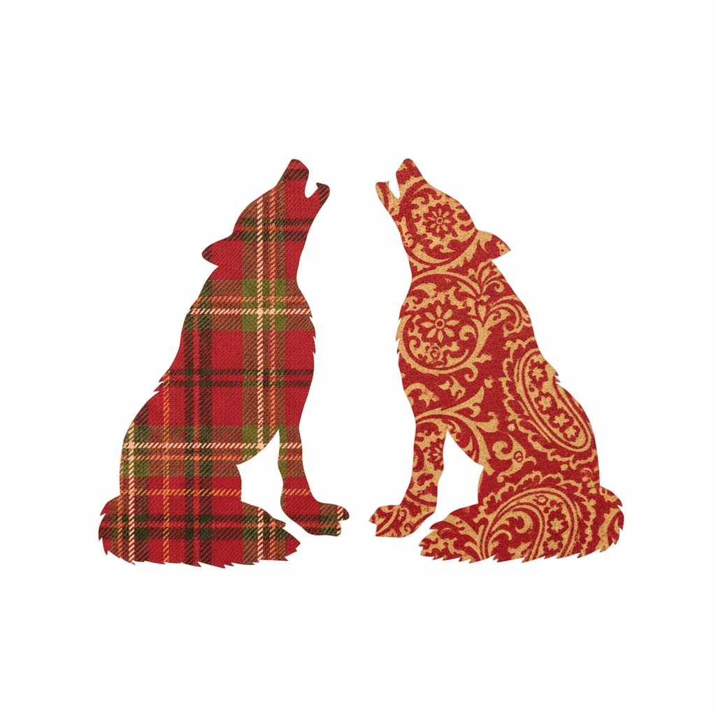 A high-resolution detail shot of a papercut artwork featuring two howling wolves. The wolf on the left displays a traditional red and green tartan fabric texture. The wolf on the right features a red and gold ornate damask pattern. Both silhouettes are cleanly cut and set against a crisp white background.
