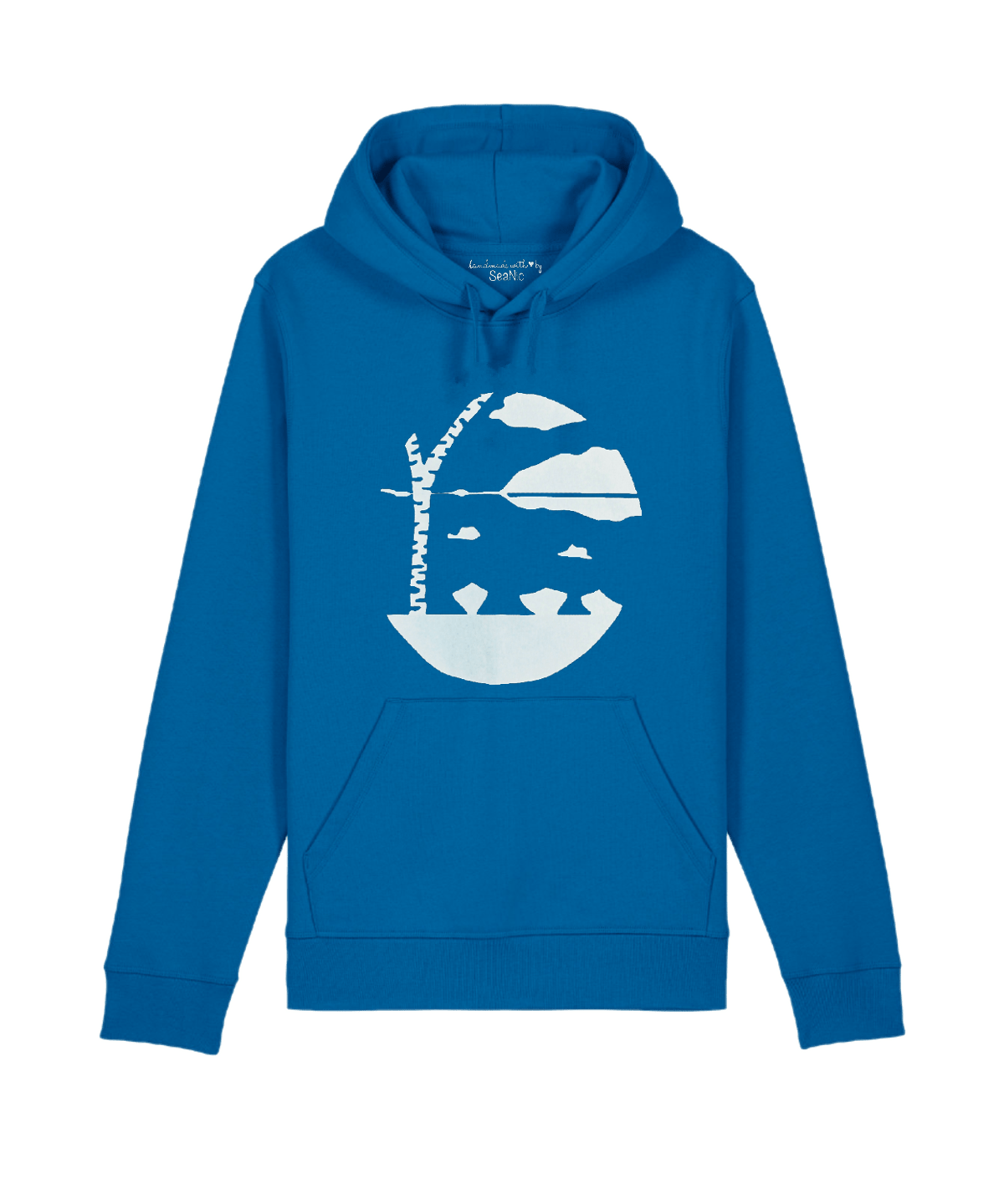 Blue Lake View hoodie by SeaNic — sustainable unisex hoodie crafted from organic cotton and recycled materials, hand-printed in Devon with a tranquil lake and birch tree design inspired by Finnish landscapes.