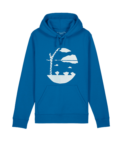 Blue Lake View hoodie by SeaNic — sustainable unisex hoodie crafted from organic cotton and recycled materials, hand-printed in Devon with a tranquil lake and birch tree design inspired by Finnish landscapes.