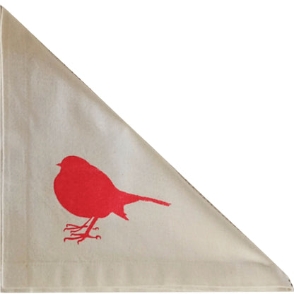 Close-up of the Robin Christmas napkin by SeaNic, highlighting the fine detail of the hand-printed robin on organic cotton.