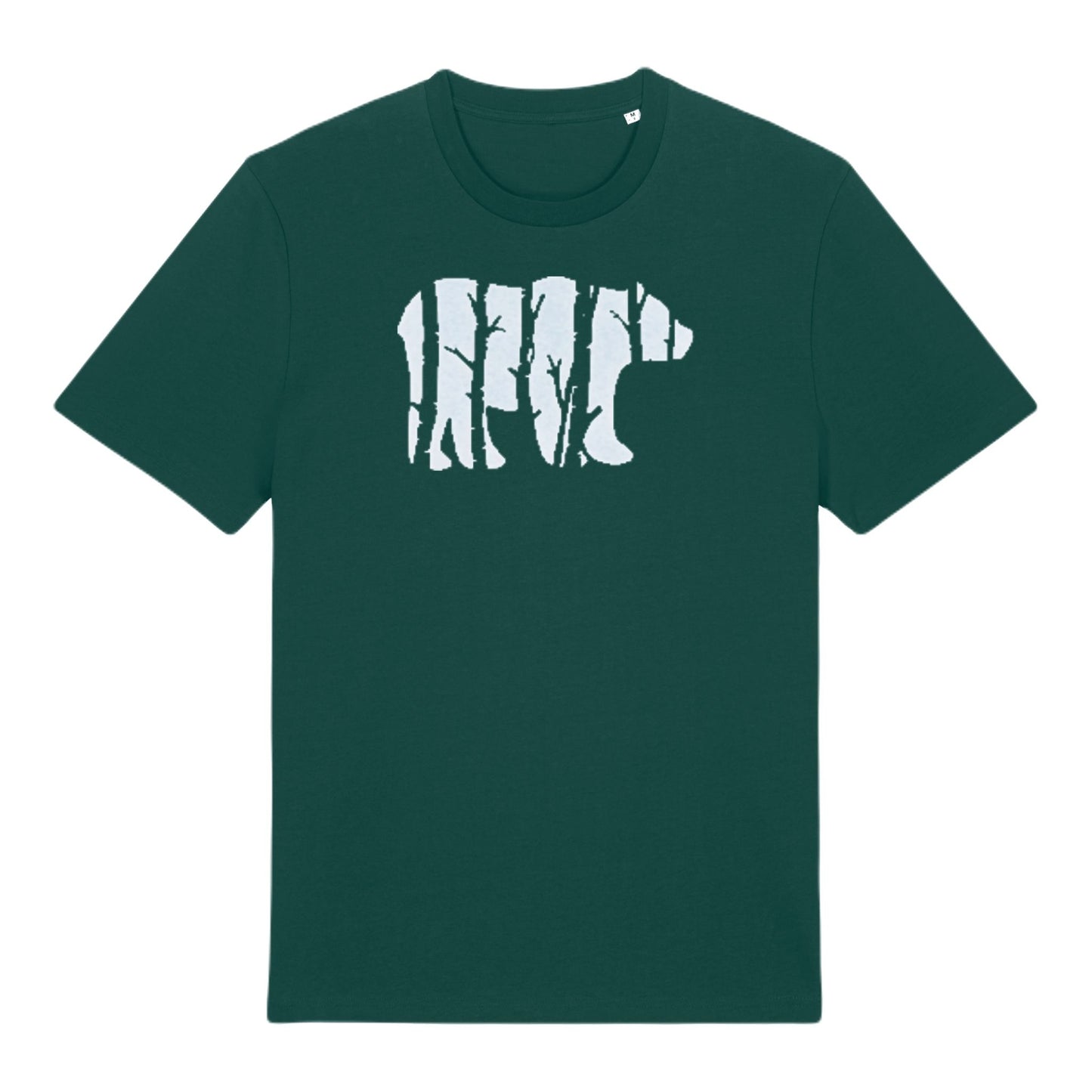 Green Forest Bear t-shirt by SeaNic — sustainable unisex organic cotton tee hand-printed in Devon, featuring a bold bear silhouette with birch forest design inspired by nature and Nordic calm.