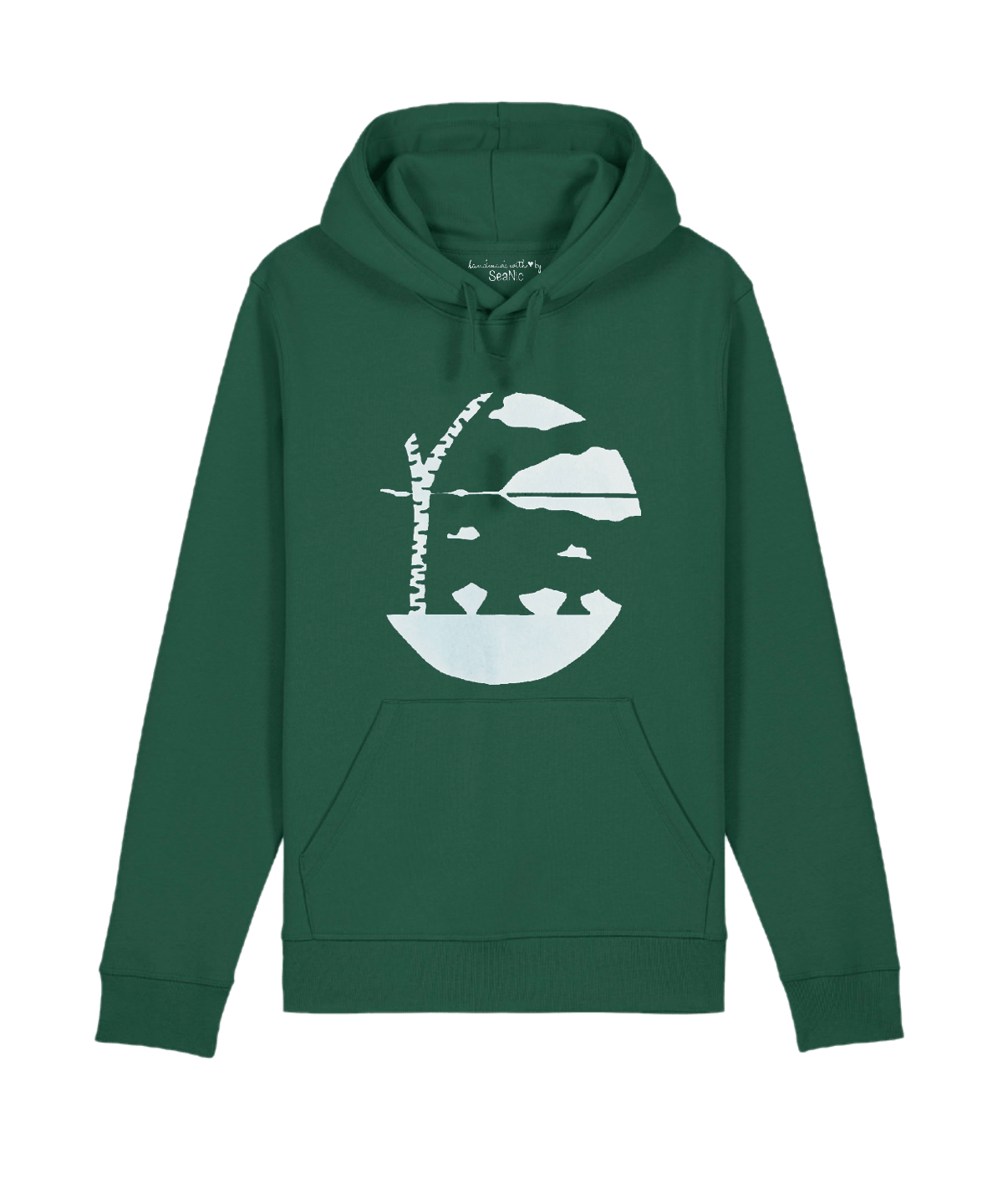 Green Lake View hoodie by SeaNic — sustainable unisex hoodie made from organic cotton and recycled materials, hand-printed in Devon with a lake and birch tree design inspired by Finnish nature.