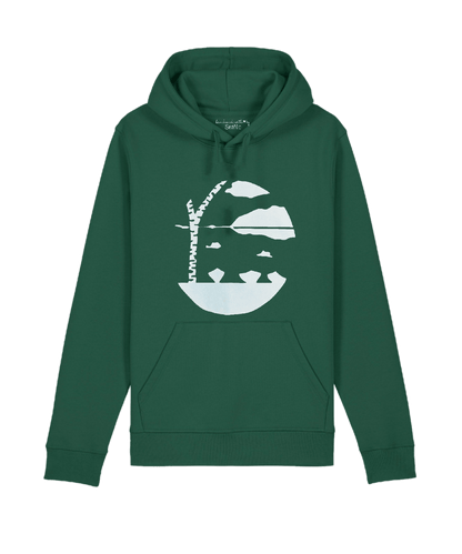 Green Lake View hoodie by SeaNic — sustainable unisex hoodie made from organic cotton and recycled materials, hand-printed in Devon with a lake and birch tree design inspired by Finnish nature.