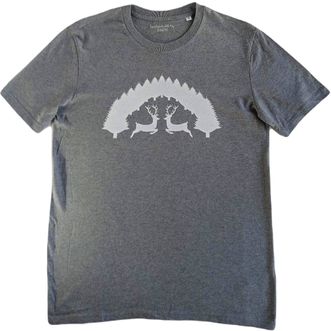 A charcoal grey version of the 'Stags in the Forest' t-shirt, laid flat to showcase the bold white screen-printed design and the contrast of the detailed graphic.