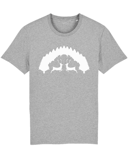Light heather grey Stag t-shirt by SeaNic — sustainable unisex organic cotton tee hand-printed in Devon, featuring a bold white graphic of two stags facing each other under a pine tree arch, inspired by the Devon countryside and relaxed woodland living.