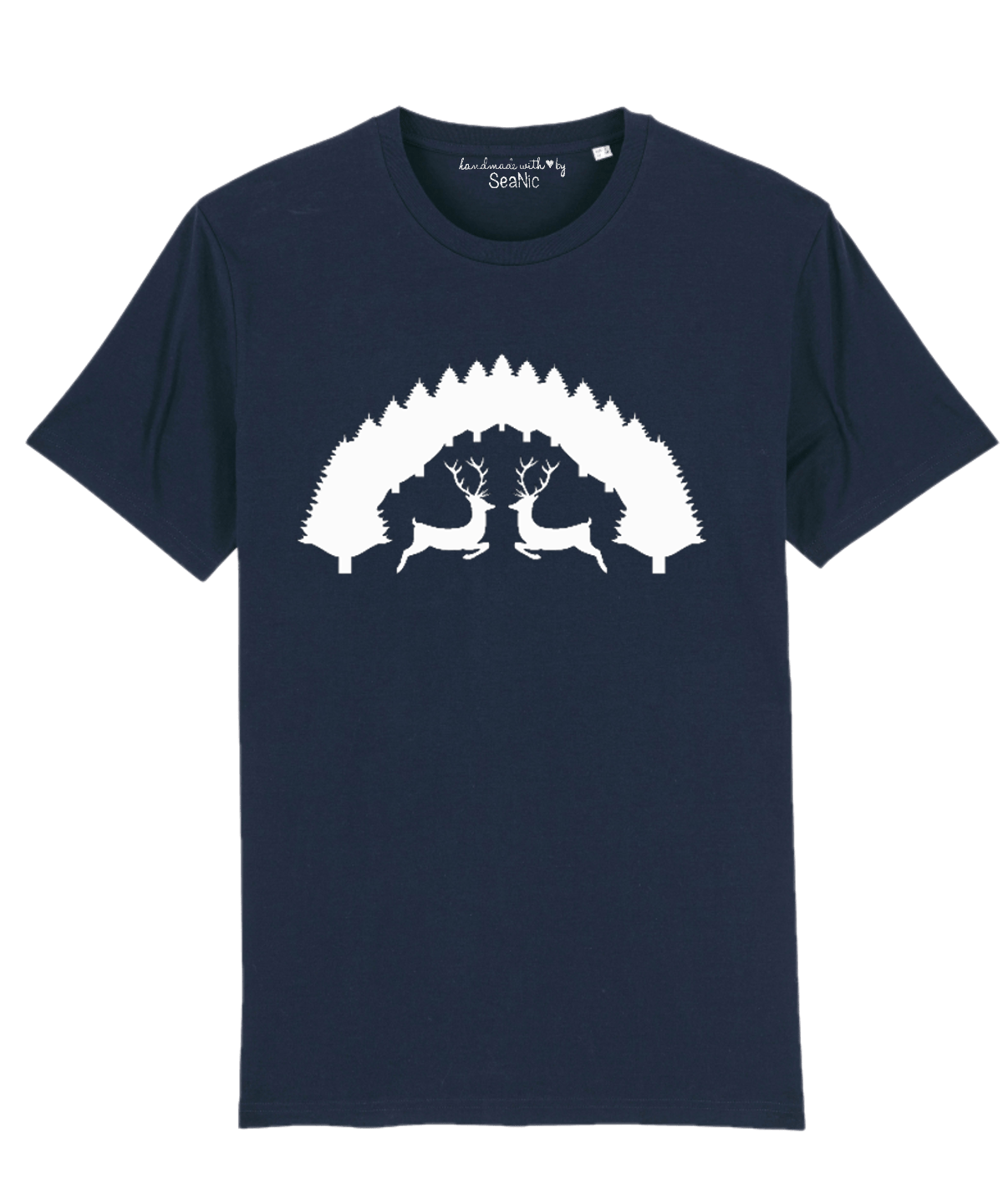 Navy blue Stag t-shirt by SeaNic — sustainable unisex organic cotton tee hand-printed in Devon, featuring a bold white graphic of two stags facing each other under a pine tree arch, inspired by the Devon countryside and relaxed woodland living.