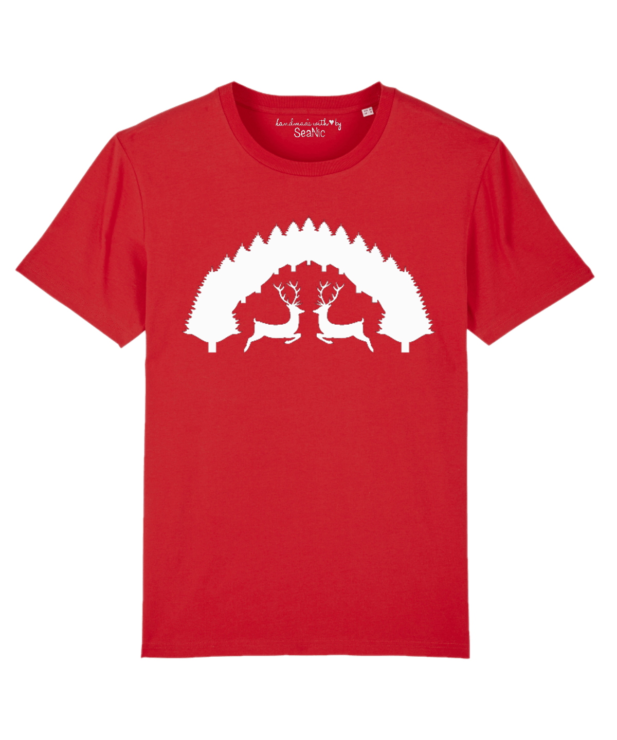 Red Stag t-shirt by SeaNic — sustainable unisex organic cotton tee hand-printed in Devon, featuring a bold white graphic of two stags facing each other under a pine tree arch, inspired by the Devon countryside and relaxed woodland living.