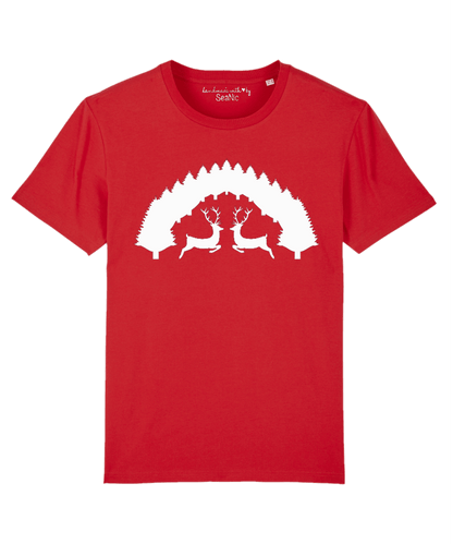 Red Stag t-shirt by SeaNic — sustainable unisex organic cotton tee hand-printed in Devon, featuring a bold white graphic of two stags facing each other under a pine tree arch, inspired by the Devon countryside and relaxed woodland living.