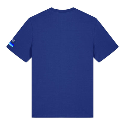 Rear view of a blue organic cotton t-shirt laid flat against a white background. The image highlights a small SeaNic brand logo on the left sleeve featuring blue wavy lines, showcasing the clean finish and vibrant color of the sustainable garment.