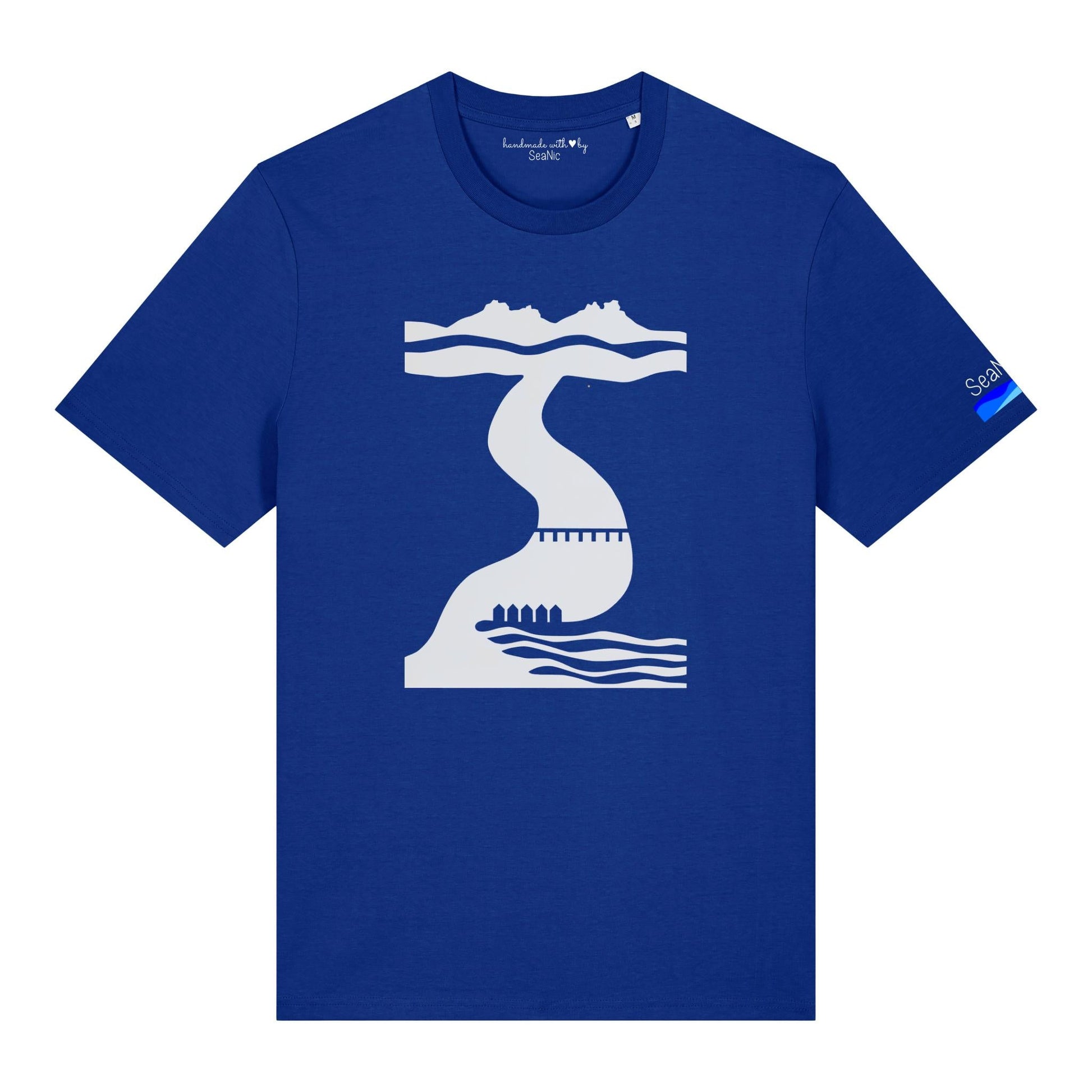SeaNic Tor to Sea blue organic t-shirt. Sustainable hand-printed nature apparel featuring a Dartmoor-inspired river and coast landscape. Ethical slow fashion for outdoors lovers and hikers.