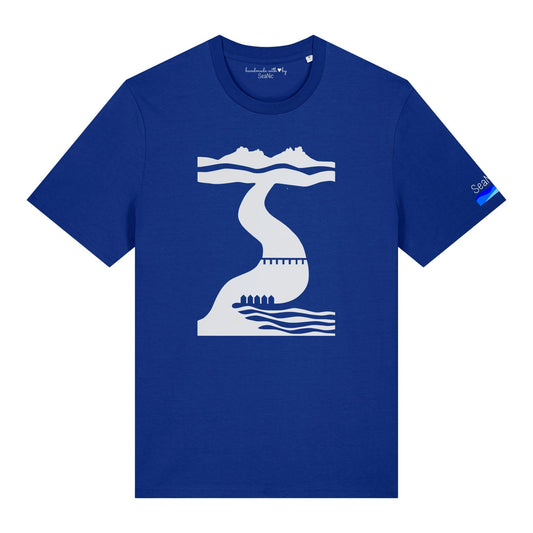 SeaNic Tor to Sea blue organic t-shirt. Sustainable hand-printed nature apparel featuring a Dartmoor-inspired river and coast landscape. Ethical slow fashion for outdoors lovers and hikers.