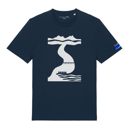 Navy blue SeaNic Tor to Sea t-shirt made from organic cotton. Features a light grey hand-printed graphic of Dartmoor scenery and the Devon coast. High-quality, sustainable graphic tee for hiking and nature lovers.