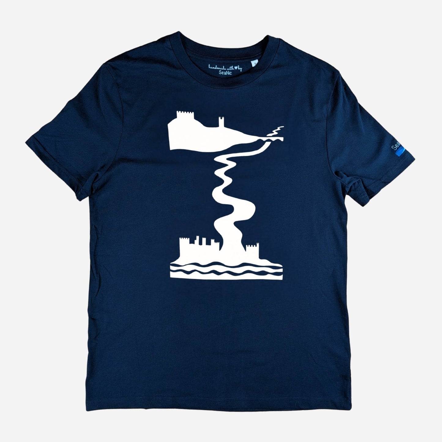 Navy Castles t-shirt by SeaNic — sustainable unisex organic cotton tee hand-printed in Devon, shown flat to highlight the castle and river design inspired by the Dart Valley.