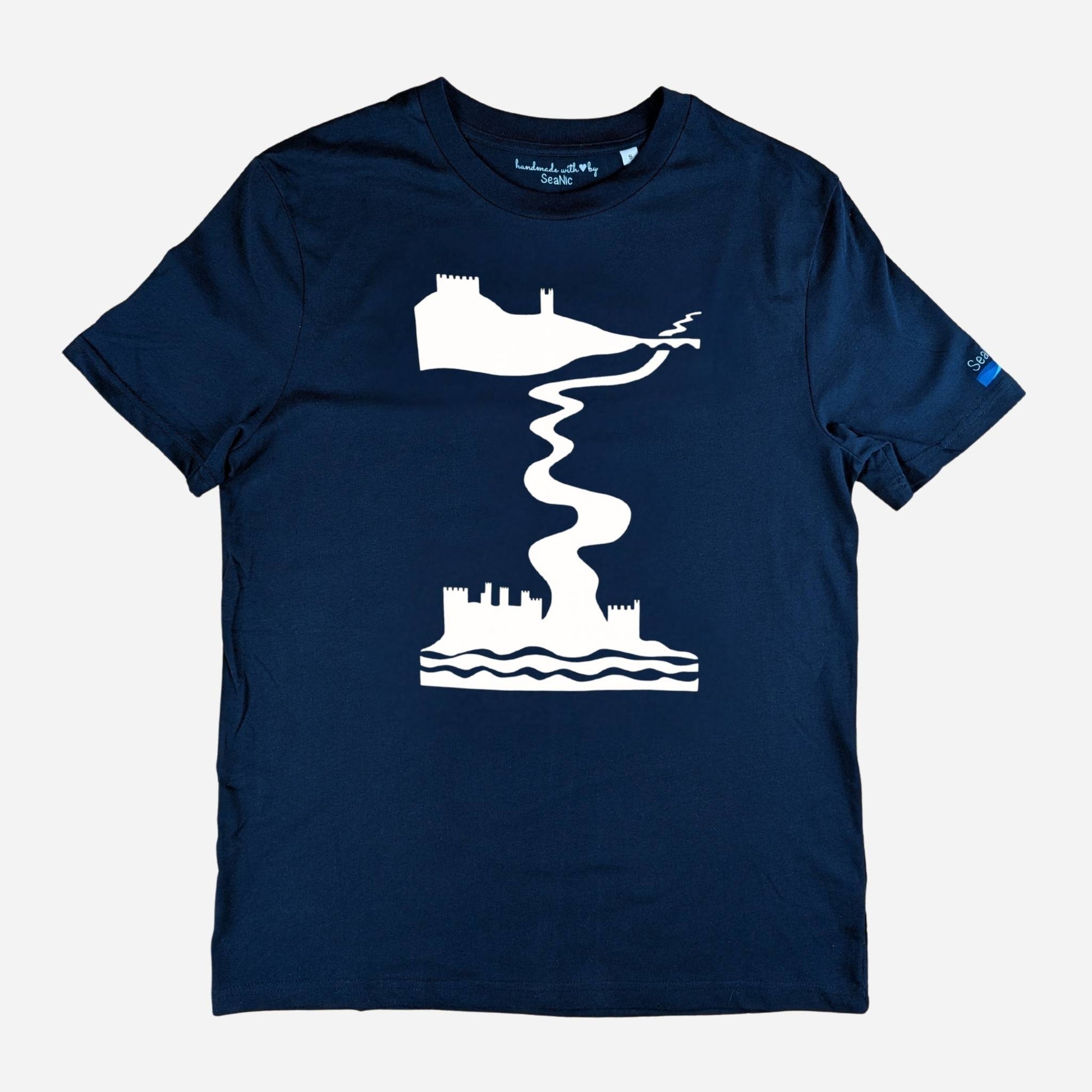 Navy Castles t-shirt by SeaNic — sustainable unisex organic cotton tee hand-printed in Devon, shown flat to highlight the castle and river design inspired by the Dart Valley.