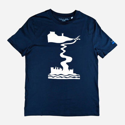 Navy Castles t-shirt by SeaNic — sustainable unisex organic cotton tee hand-printed in Devon, shown flat to highlight the castle and river design inspired by the Dart Valley.