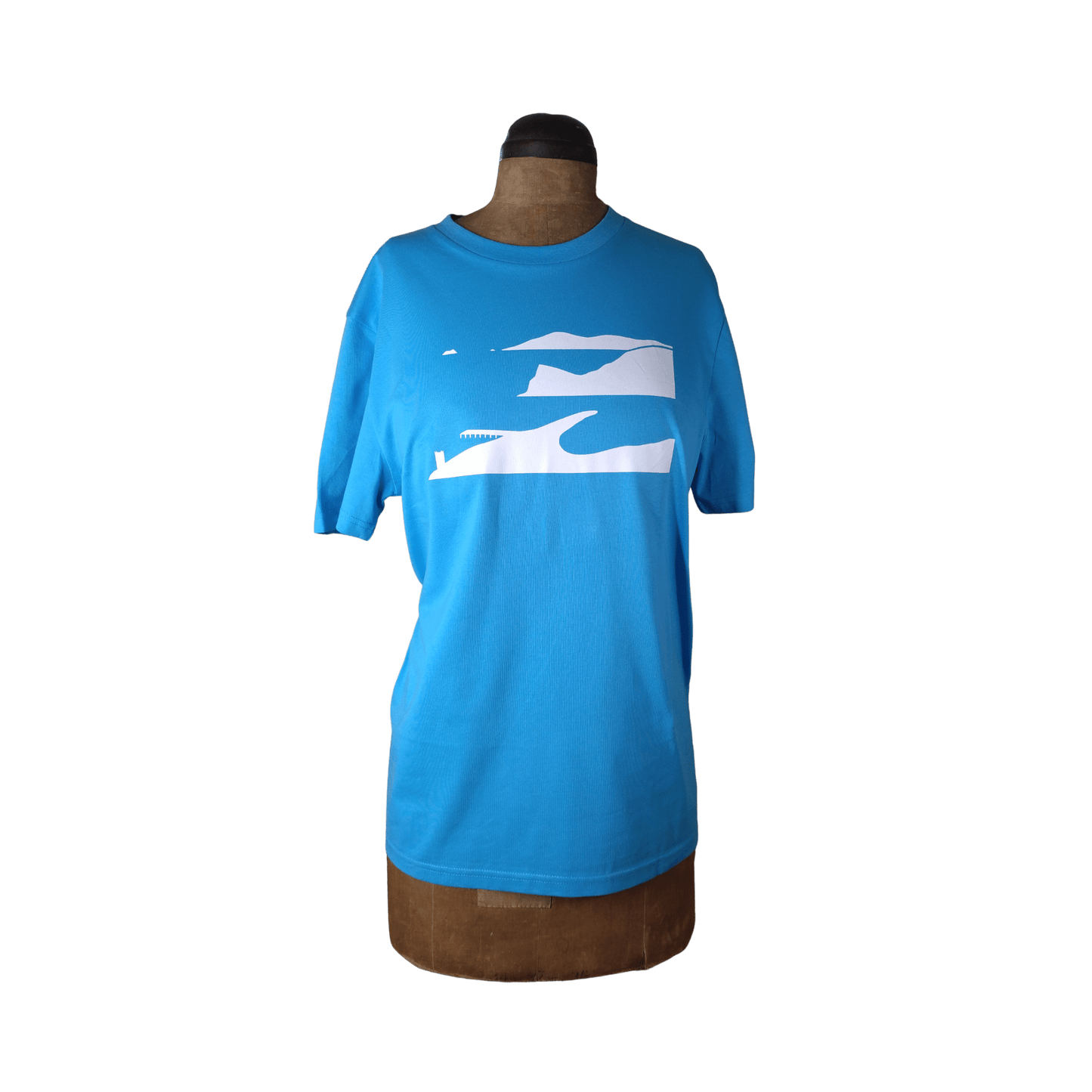 Blue Ness View organic cotton t-shirt featuring a white coastal silhouette graphic, handcrafted by SeaNic in Devon.