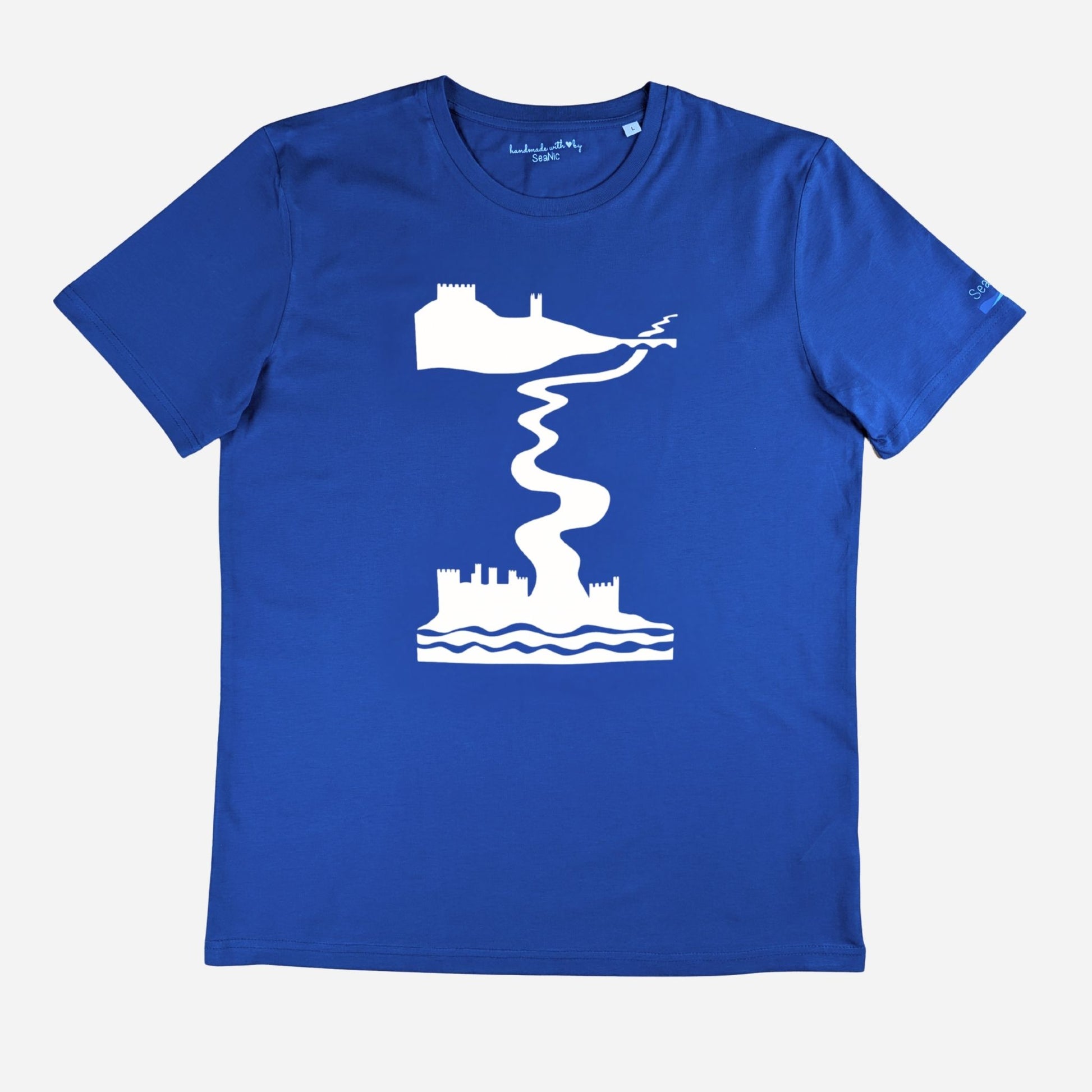 Blue Castles t-shirt by SeaNic — sustainable unisex organic cotton tee hand-printed in Devon, shown flat to display the detailed river and castle design inspired by the River Dart from Totnes to Dartmouth.