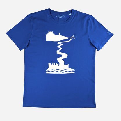 Blue Castles t-shirt by SeaNic — sustainable unisex organic cotton tee hand-printed in Devon, shown flat to display the detailed river and castle design inspired by the River Dart from Totnes to Dartmouth.
