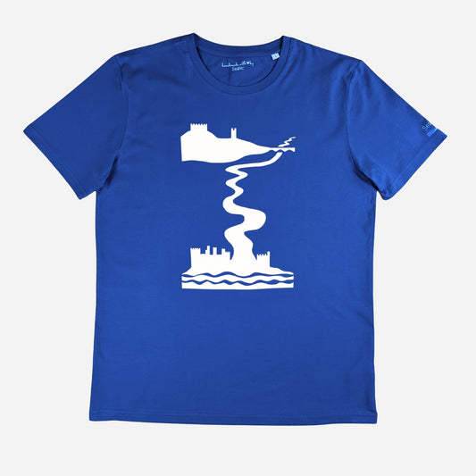 Blue Castles t-shirt by SeaNic — sustainable unisex organic cotton tee hand-printed in Devon, shown flat to display the detailed river and castle design inspired by the River Dart from Totnes to Dartmouth.