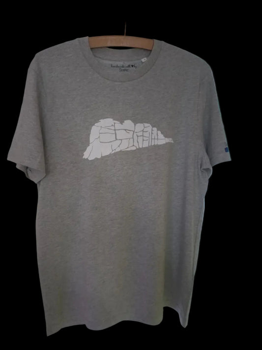 A grey organic cotton T-shirt by SeaNic, featuring a white screen-printed graphic of Haytor Rocks on Dartmoor. The shirt is displayed on a vintage wooden hanger against a neutral background.