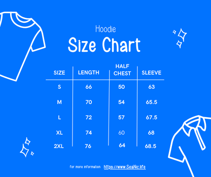 SeaNic organic cotton and recycled polyester unisex hoodie size chart showing chest and length measurements to help customers find their perfect sustainable fit.