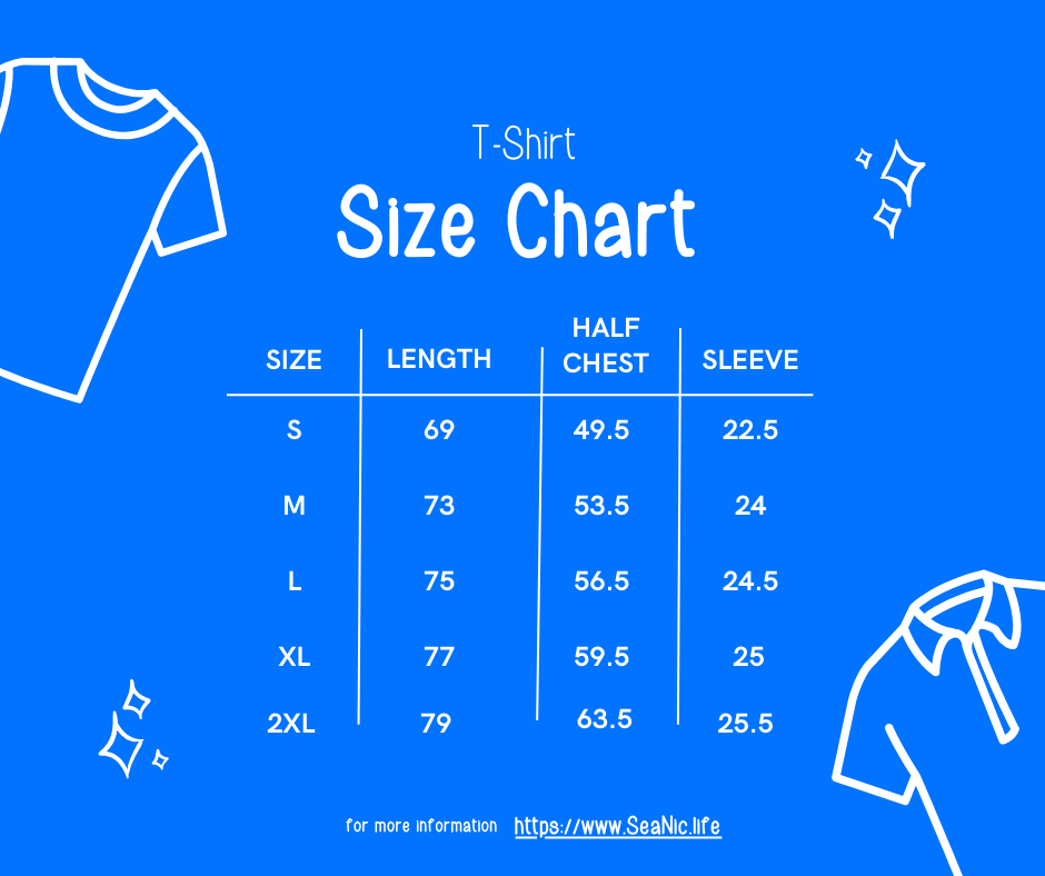 SeaNic organic cotton unisex t-shirt size chart showing chest and length measurements for each size, helping customers choose the perfect sustainable fit.