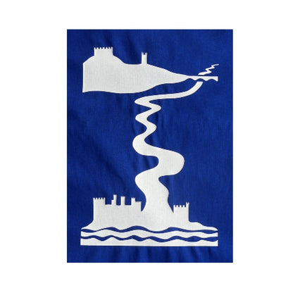 Close-up of the Castles t-shirt by SeaNic — detailed view of the hand-printed River Dart and castle design on soft blue organic cotton fabric, highlighting SeaNic’s craftsmanship and sustainable production.