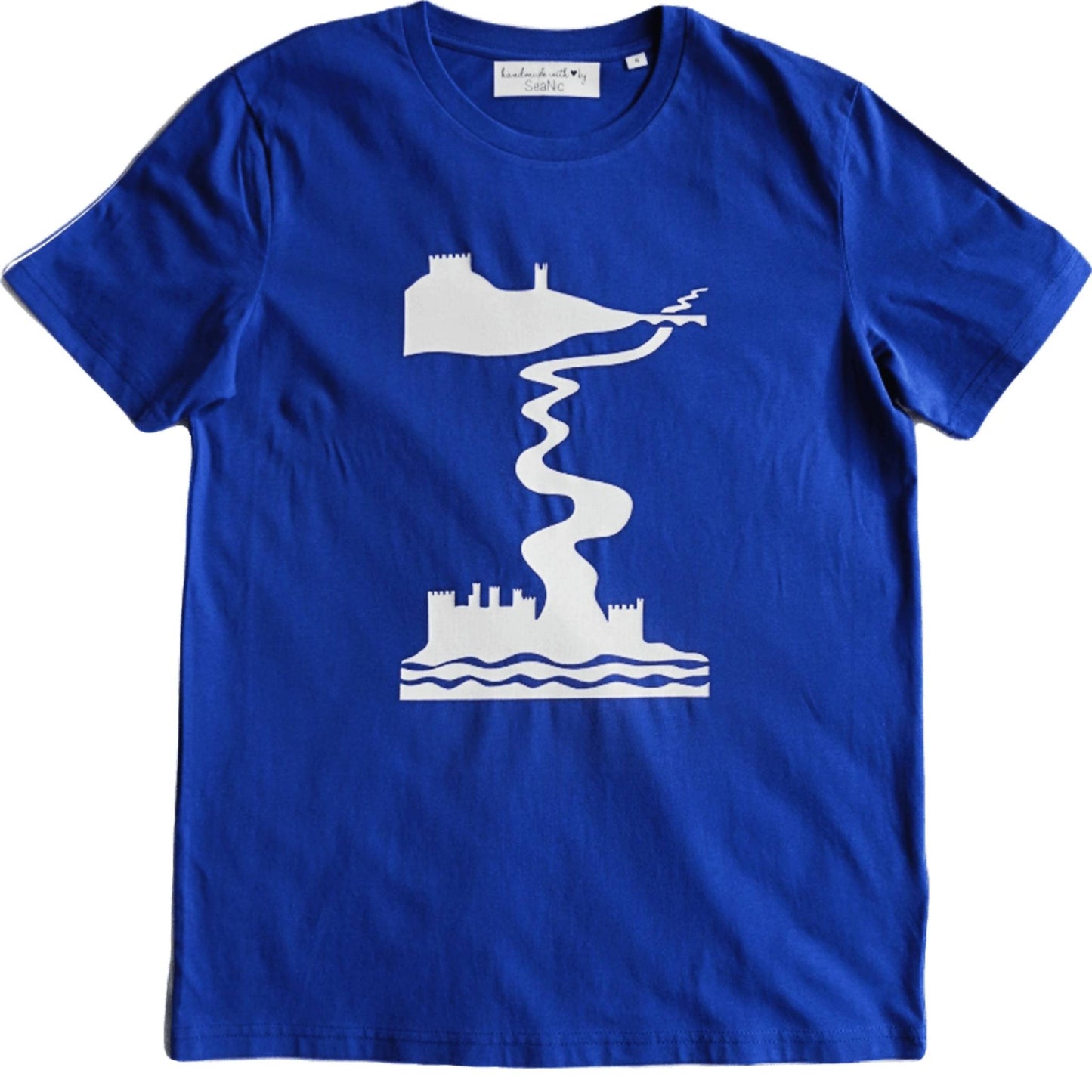 Blue Castles t-shirt by SeaNic — sustainable unisex organic cotton tee hand-printed in Devon, photographed in a relaxed lifestyle setting to capture the brand’s calm, coastal feel and Dart Valley inspiration.