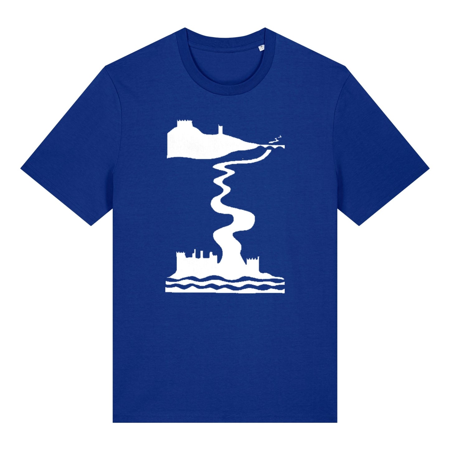Blue Castles t-shirt by SeaNic — sustainable unisex organic cotton tee hand-printed in Devon, shown flat to display the detailed river and castle design inspired by the River Dart from Totnes to Dartmouth.