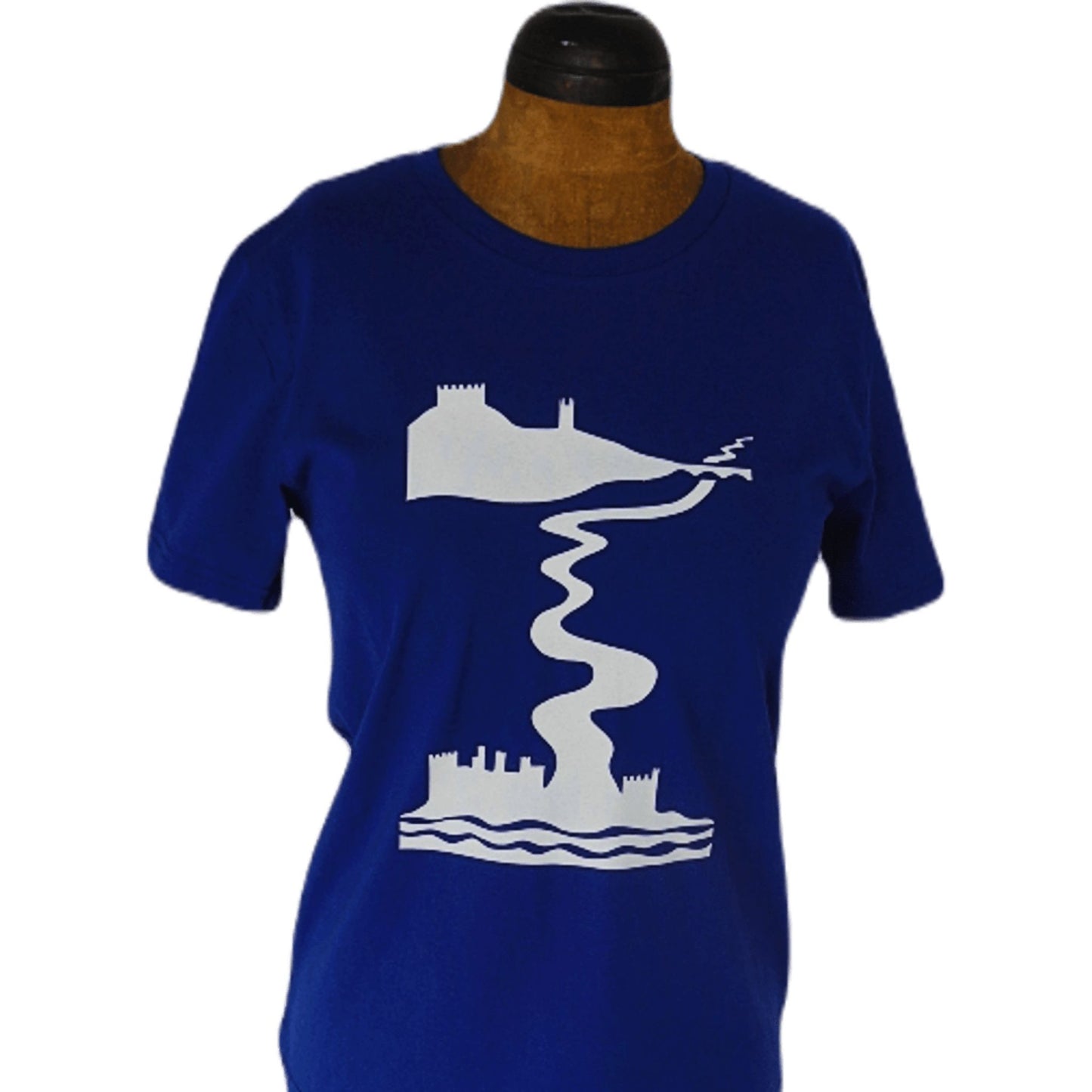 Blue Castles t-shirt by SeaNic — sustainable unisex organic cotton tee hand-printed in Devon, shown on a mannequin to display the fit and detailed River Dart and castle print.