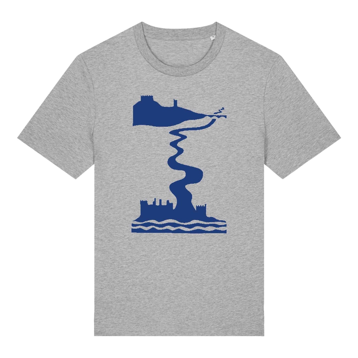 Grey Castles t-shirt by SeaNic — sustainable unisex organic cotton tee hand-printed in Devon, laid flat to show the intricate Dart Valley castles design linking Totnes, Dartmouth and Kingswear.