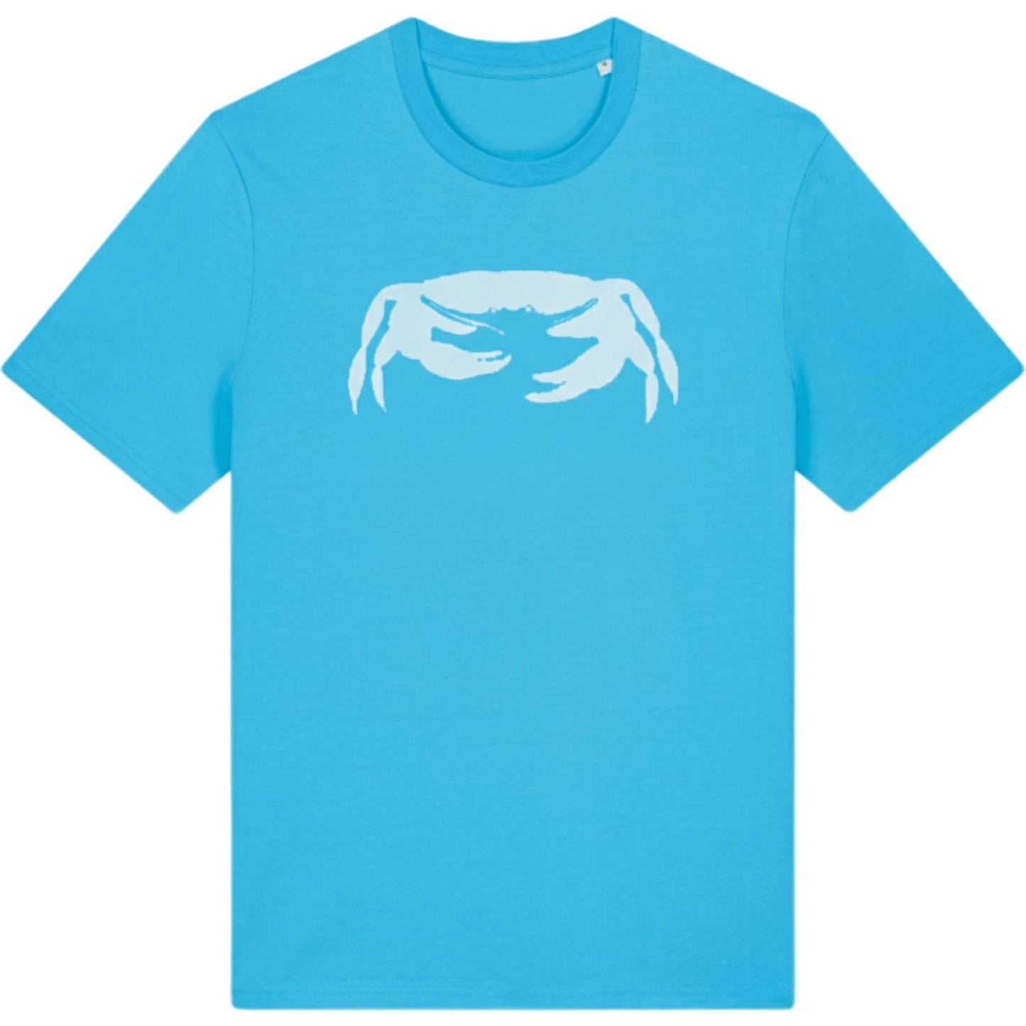 Aqua blue Crab t-shirt by SeaNic — sustainable unisex organic cotton tee hand-printed in Devon, with a crisp white crab design celebrating coastal living and slow fashion.