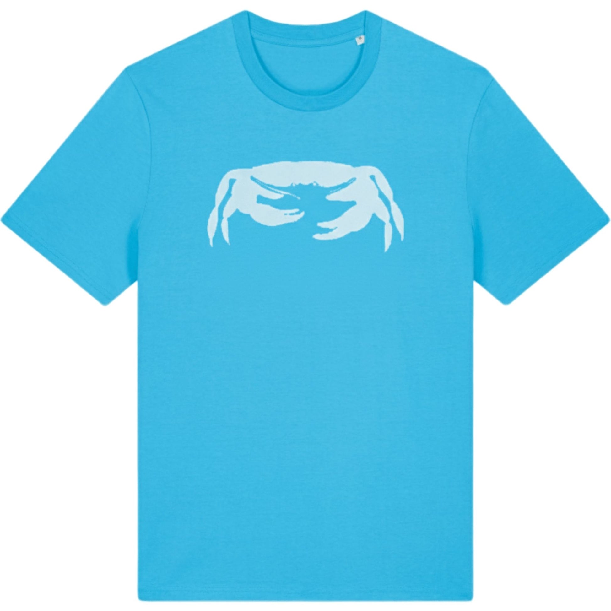 Aqua blue Crab t-shirt by SeaNic — sustainable unisex organic cotton tee hand-printed in Devon, with a crisp white crab design celebrating coastal living and slow fashion.