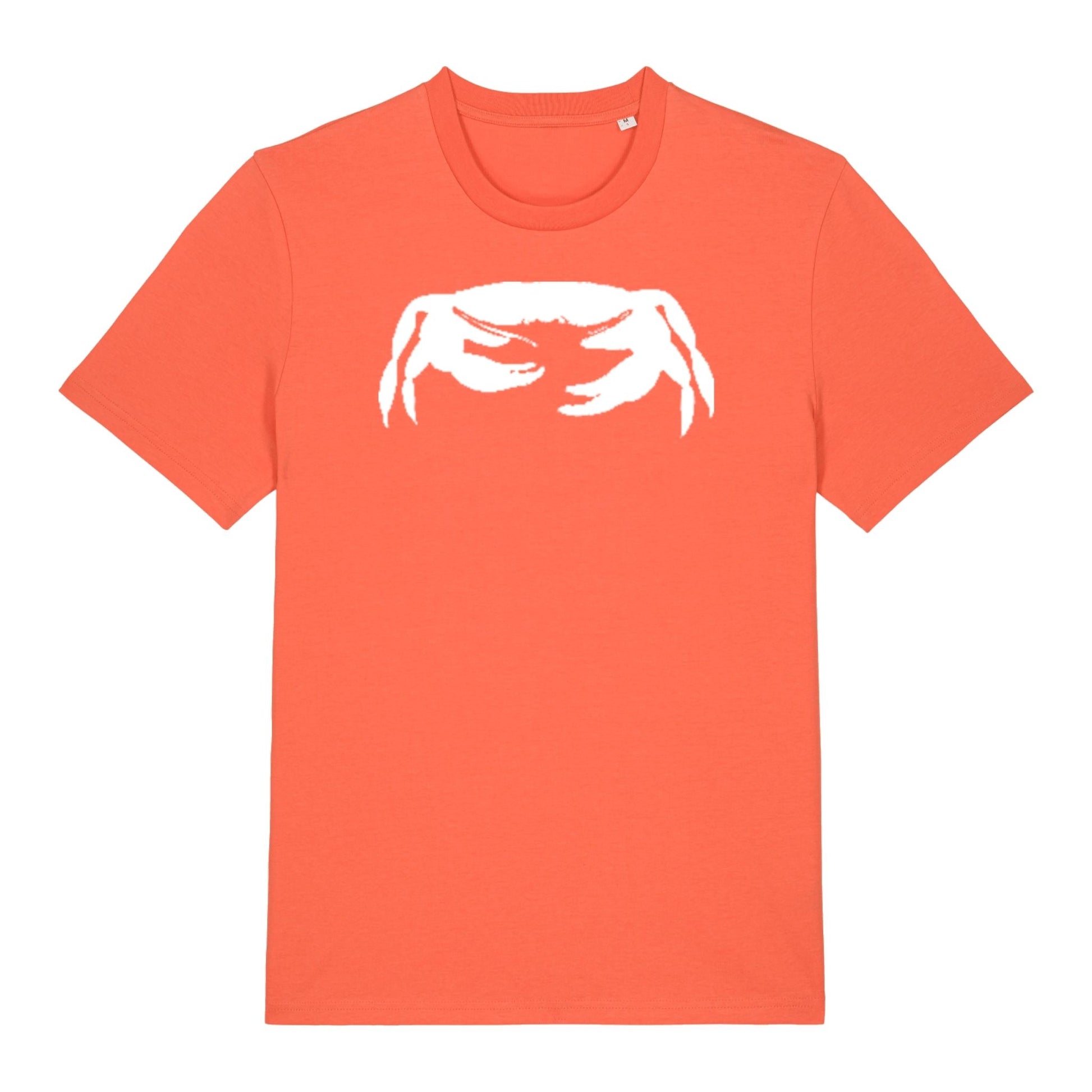 Fiesta orange Crab t-shirt by SeaNic — sustainable unisex organic cotton tee hand-printed in Devon, featuring a bold white crab design inspired by the Devon coast and relaxed seaside living.