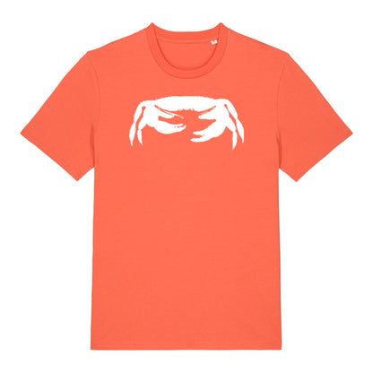 Fiesta orange Crab t-shirt by SeaNic — sustainable unisex organic cotton tee hand-printed in Devon, featuring a bold white crab design inspired by the Devon coast and relaxed seaside living.