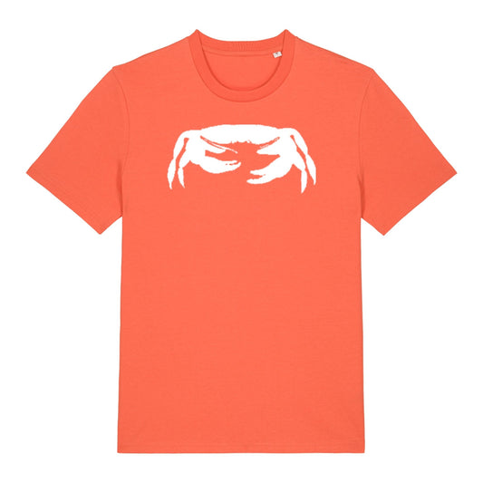 Fiesta orange Crab t-shirt by SeaNic — sustainable unisex organic cotton tee hand-printed in Devon, featuring a bold white crab design inspired by the Devon coast and relaxed seaside living.