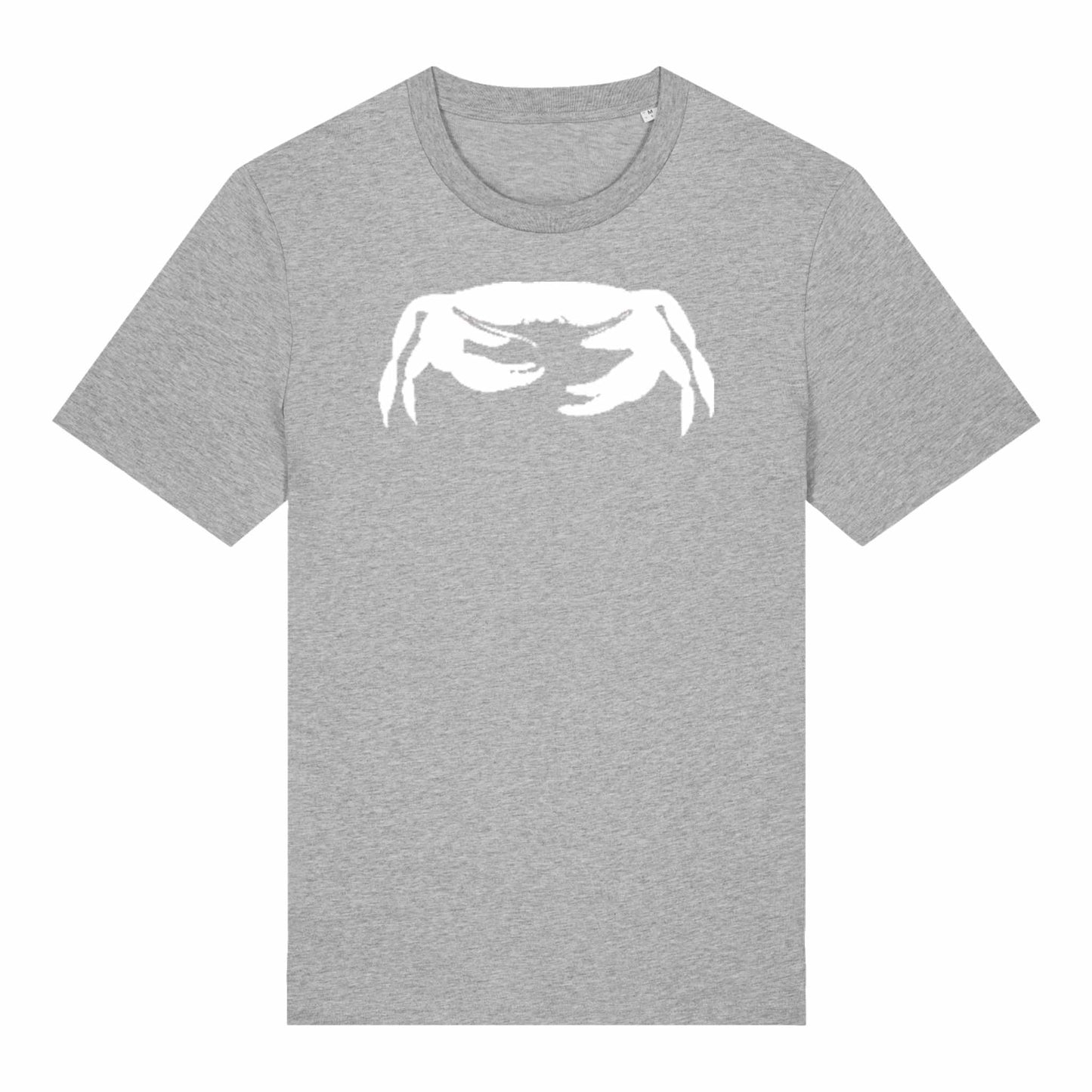 Grey Crab t-shirt by SeaNic — sustainable unisex organic cotton tee hand-printed in Devon, featuring a clean white crab design inspired by the calm and simplicity of the coast.