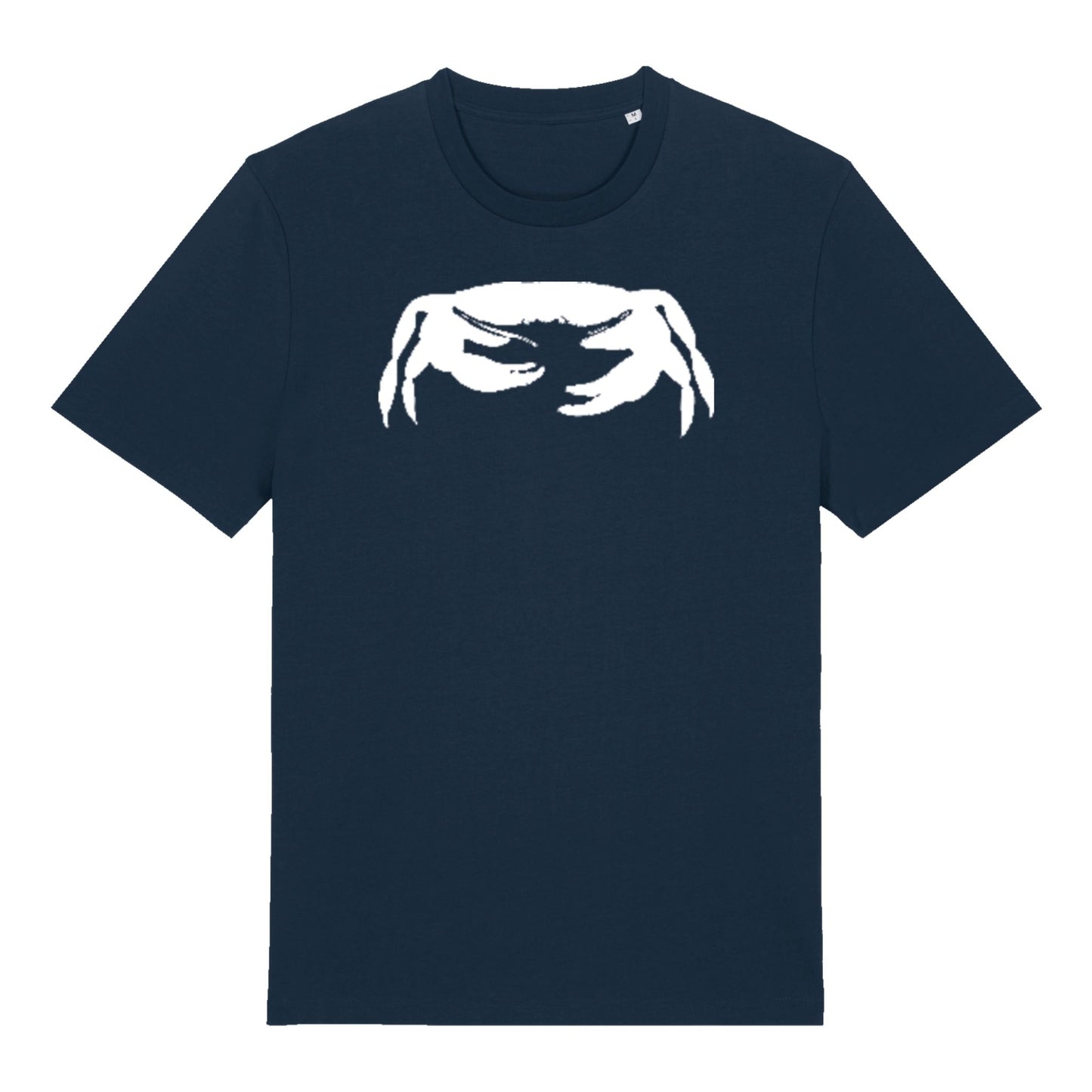 Navy Crab t-shirt by SeaNic — sustainable unisex organic cotton tee hand-printed in Devon, showing a striking white crab design inspired by coastal life and the beauty of the sea.