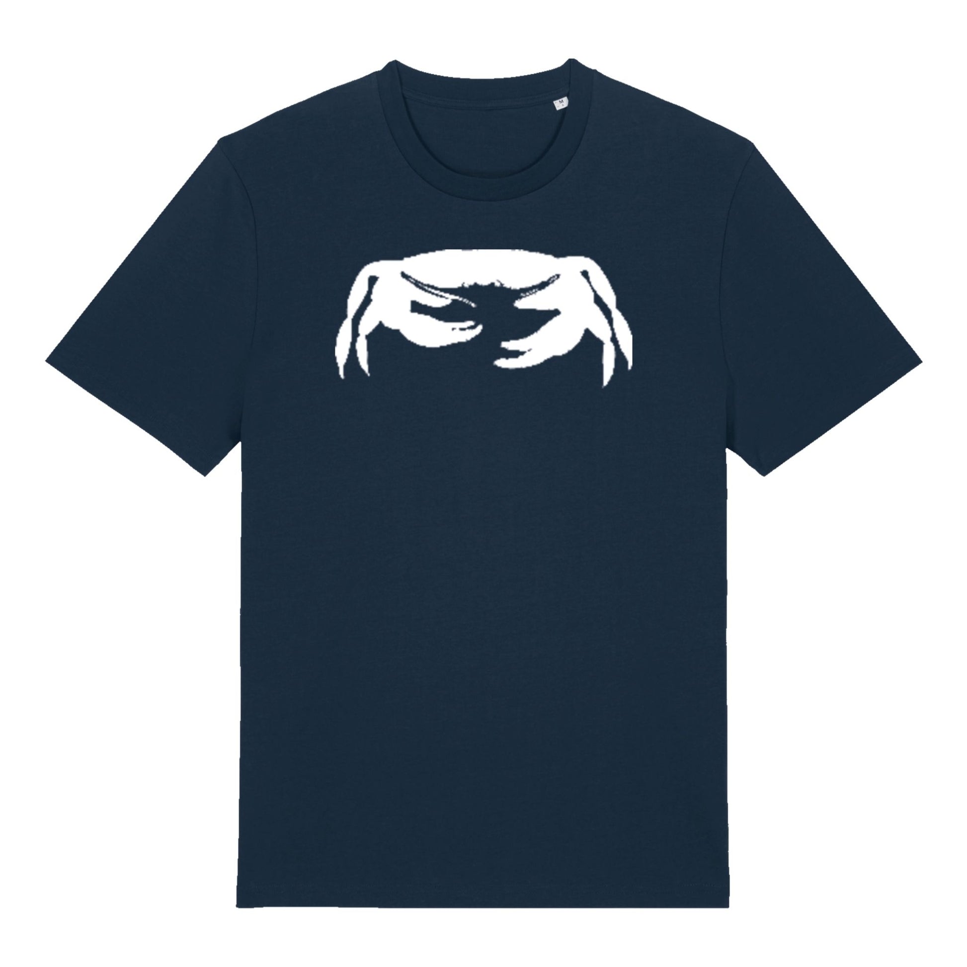 Navy Crab t-shirt by SeaNic — sustainable unisex organic cotton tee hand-printed in Devon, showing a striking white crab design inspired by coastal life and the beauty of the sea.