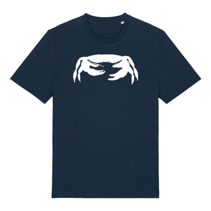 Navy Crab t-shirt by SeaNic — sustainable unisex organic cotton tee hand-printed in Devon, showing a striking white crab design inspired by coastal life and the beauty of the sea.