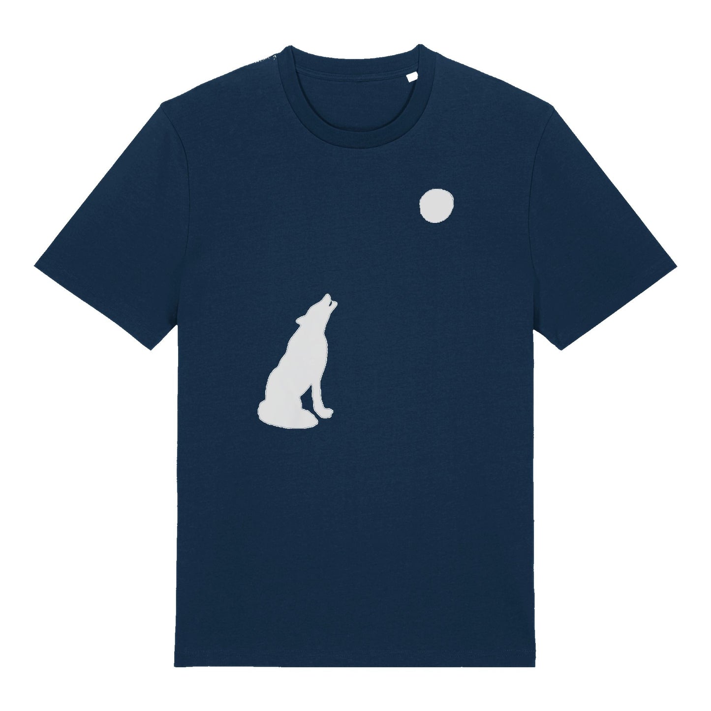 Navy Lone Wolf t-shirt by SeaNic — sustainable unisex organic cotton tee hand-printed in Devon with a striking wolf and moon silhouette design symbolising strength and independence.