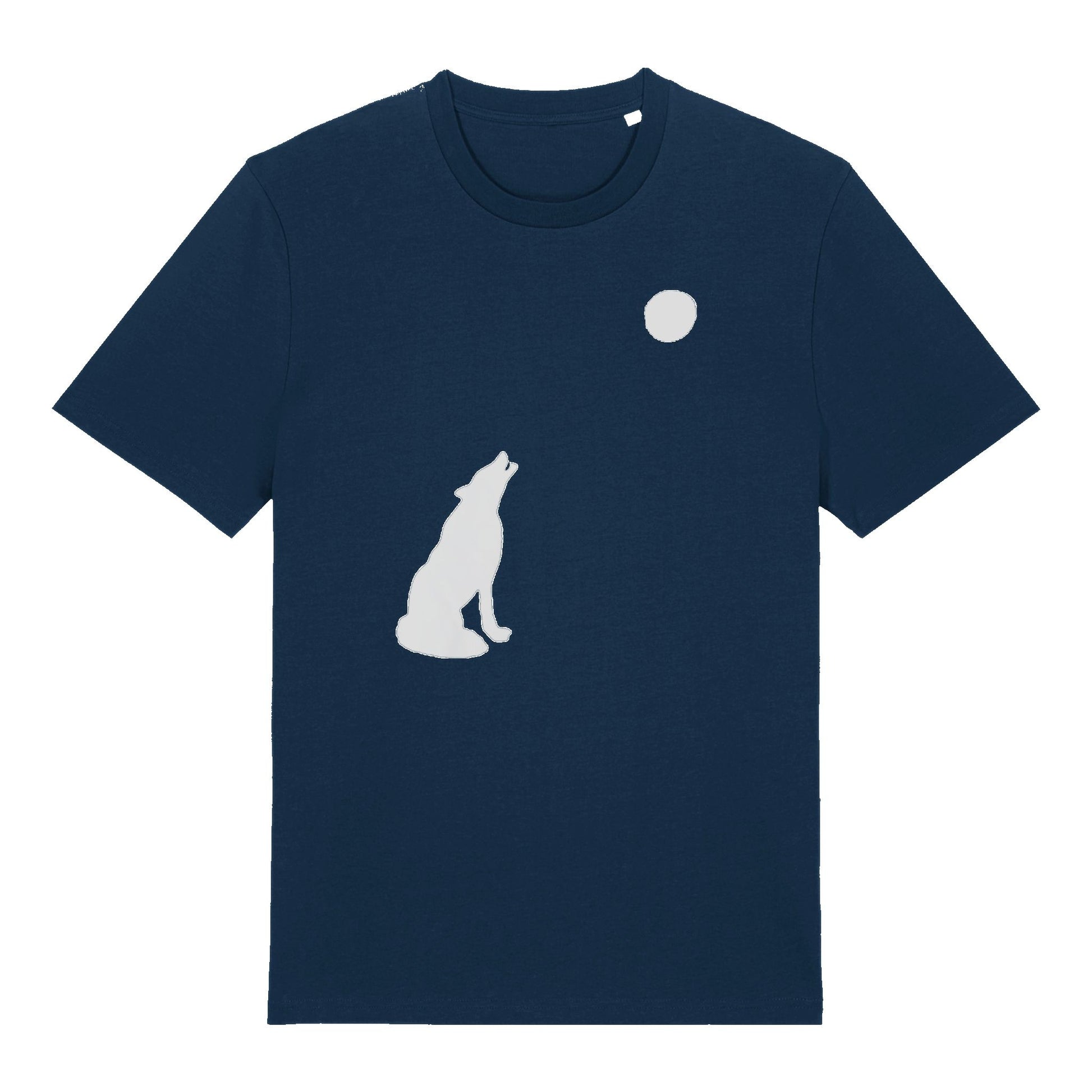 Navy Lone Wolf t-shirt by SeaNic — sustainable unisex organic cotton tee hand-printed in Devon with a striking wolf and moon silhouette design symbolising strength and independence.