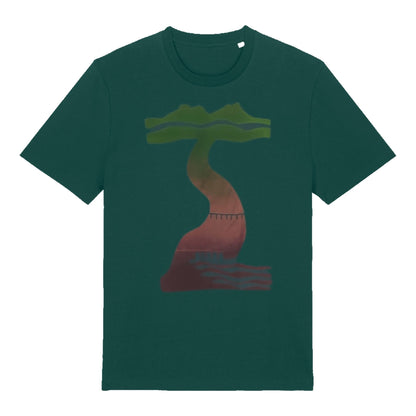Green Sunset Tor to Sea t-shirt by SeaNic — sustainable unisex organic cotton tee hand-printed in Devon, displayed flat to feature the river-to-coast design inspired by Dartmoor and Teignmouth at sunset.