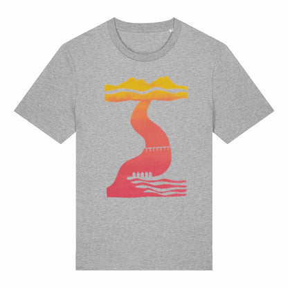 Grey Sunset Tor to Sea t-shirt by SeaNic — sustainable unisex organic cotton tee hand-printed in Devon, shown flat to highlight the Dartmoor skyline and River Teign design with soft sunset tones.