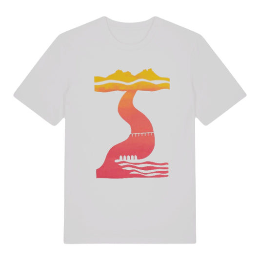 White Sunset Tor to Sea t-shirt by SeaNic — sustainable unisex organic cotton tee hand-printed in Devon, laid flat to show the Dartmoor-to-sea design with sunset ombré detail inspired by the River Teign.