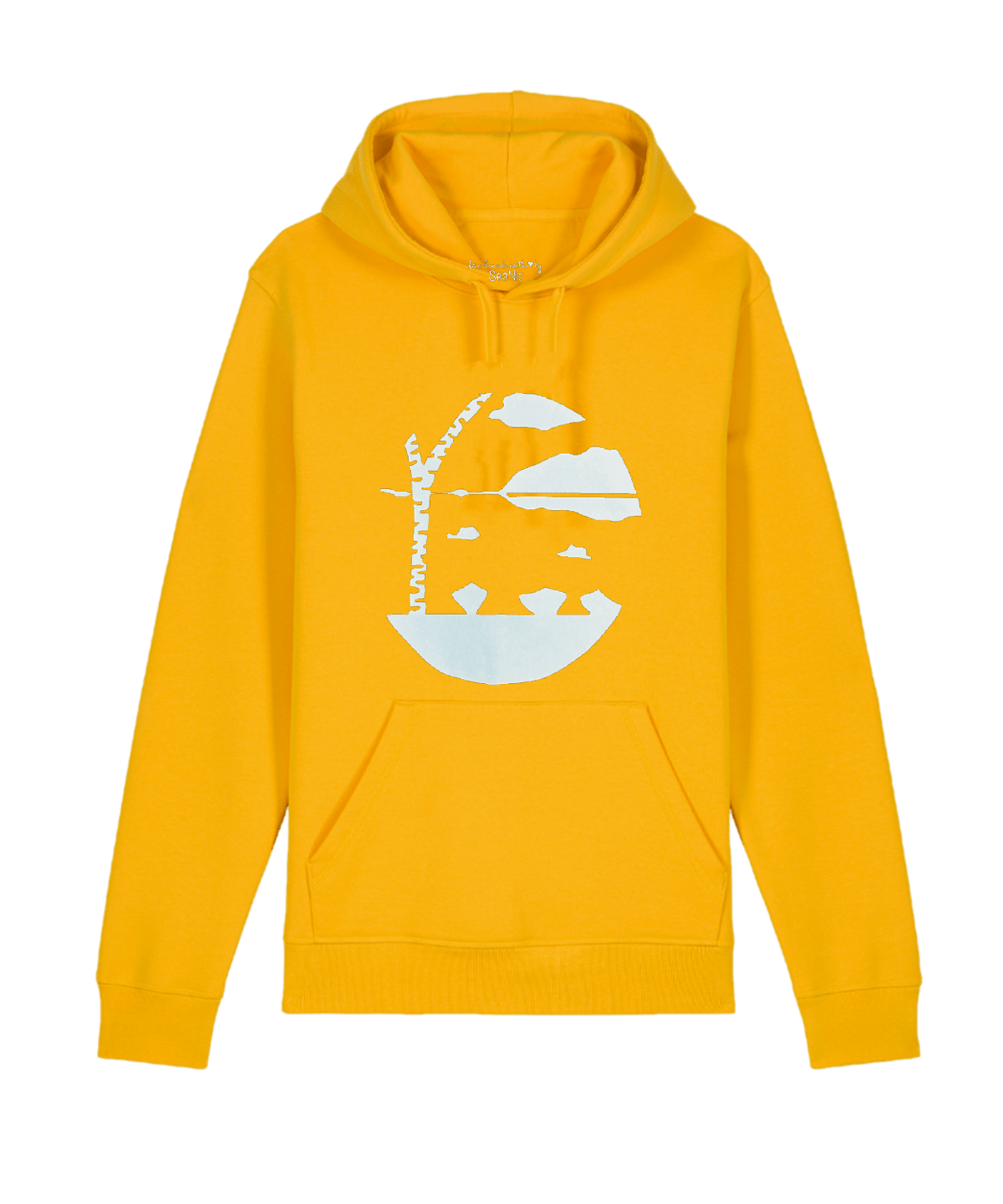 Yellow Lake View hoodie by SeaNic — sustainable unisex hoodie made from organic cotton and recycled materials, hand-printed in Devon with a Finnish nature-inspired lake and birch tree design.