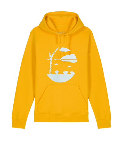 Yellow Lake View hoodie by SeaNic — sustainable unisex hoodie made from organic cotton and recycled materials, hand-printed in Devon with a Finnish nature-inspired lake and birch tree design.