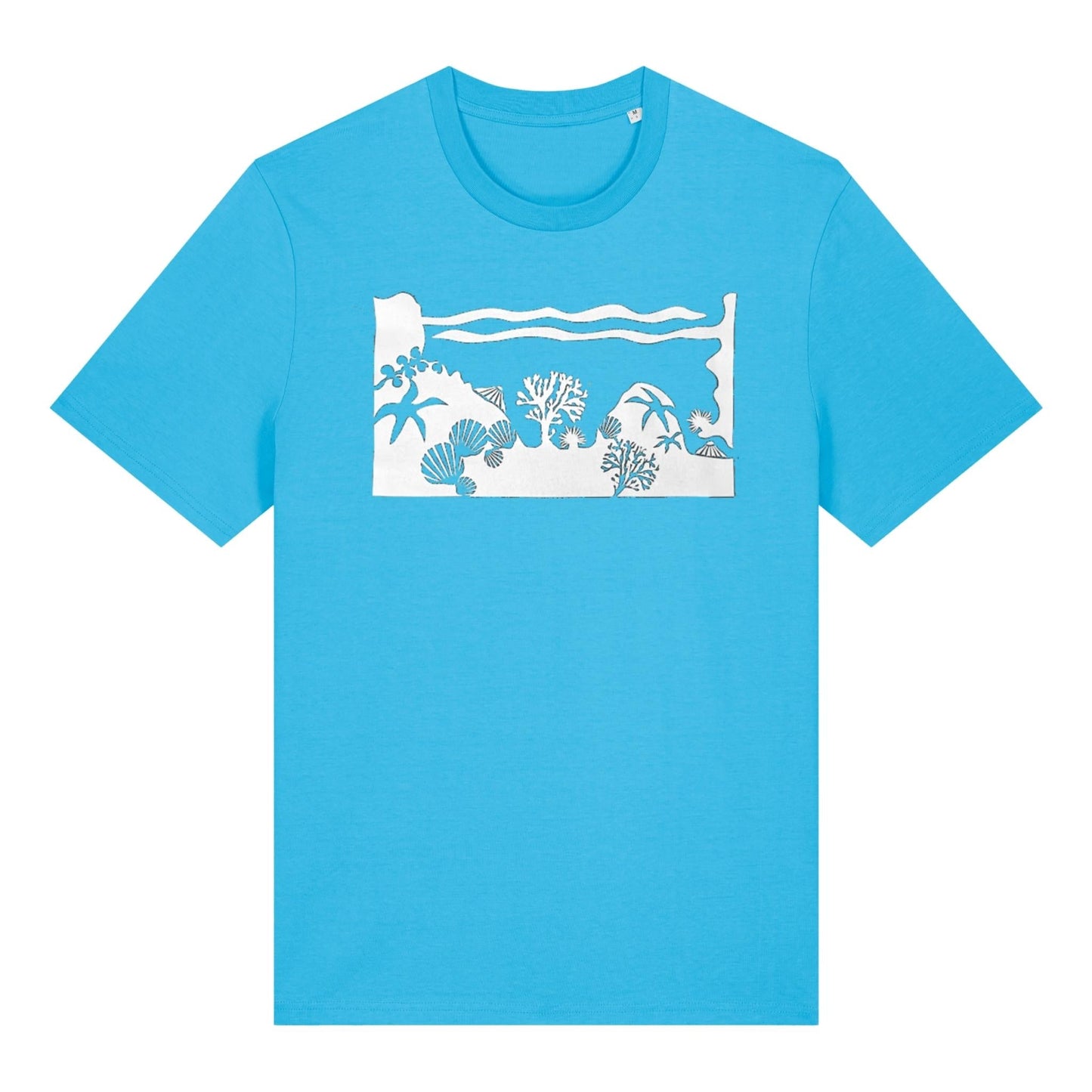 Aqua blue Rockpool t-shirt by SeaNic — sustainable unisex organic cotton tee hand-printed in Devon with a nature-inspired rockpool design featuring starfish, anemones and seaweed.