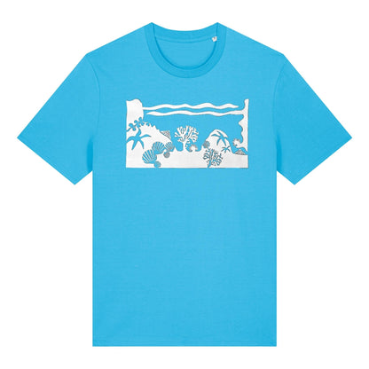 Aqua blue Rockpool t-shirt by SeaNic — sustainable unisex organic cotton tee hand-printed in Devon with a nature-inspired rockpool design featuring starfish, anemones and seaweed.
