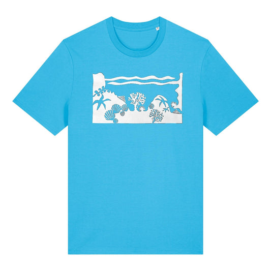Aqua blue Rockpool t-shirt by SeaNic — sustainable unisex organic cotton tee hand-printed in Devon with a nature-inspired rockpool design featuring starfish, anemones and seaweed.